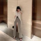 Short-sleeve Plain T-shirt / Striped Drawstring Pants