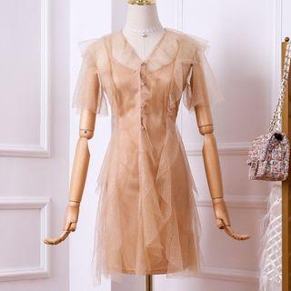 Set: Short-sleeve Ruffled A-line Mesh Dress + Slipdress