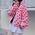 Heart Print Fluffy Jacket Pink - One Size
