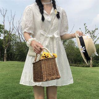 Puff-sleeve Plain Mini A-line Dress White - One Size