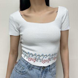 Short-sleeve Square-neck Floral Embroidered Cropped Knit Top