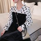 Dotted Panel Long-sleeve A-line Dress Black - One Size
