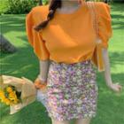 Puff Short-sleeve Top / Floral Pencil Skirt