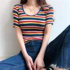 Short Sleeve Striped Knit Top As Shown In Figure - One Size