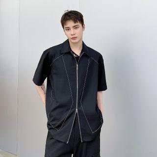 Elbow-sleeve Contrast Stitching Zip-up Shirt