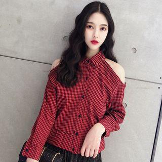 Plaid Cold Shoulder Shirt Red - One Size