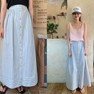 Button Stripe Maxi Full Skirt