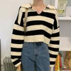 Striped Cropped Polo Sweater Black - One Size