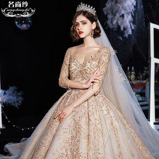 3/4-sleeve Floral Embroidered Sequined A-line Wedding Gown