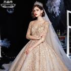 3/4-sleeve Floral Embroidered Sequined A-line Wedding Gown