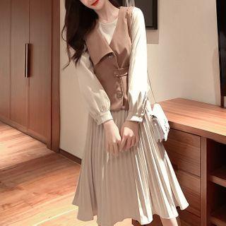 Set: Long-sleeve Midi Shift Dress + Single-breasted Vest