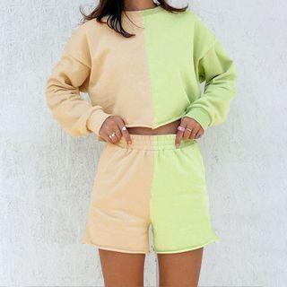 Set: Two-tone Cropped Sweatshirt + Straight Leg Shorts