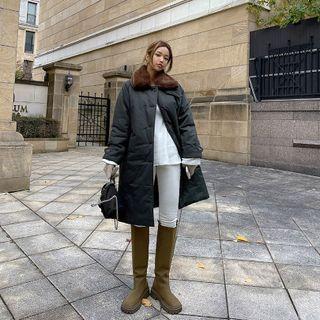 Corduroy-collar Padded Coat With Faux-fur