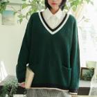 V-neck Rib Knit Sweater Green - One Size