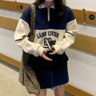 Lettering Collared Sweatshirt Blue & Beige - One Size