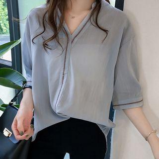 Contrast Trim Elbow-sleeve Chiffon Shirt
