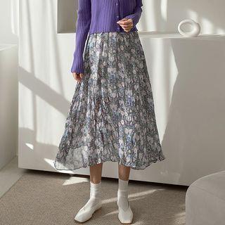 Crinkled Floral Chiffon Long Skirt Sky Blue - One Size