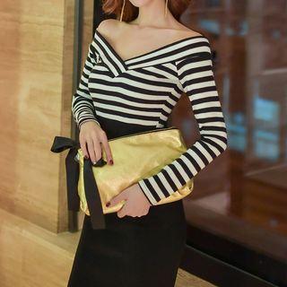 Off-shoulder Sheath Striped Panel Dress