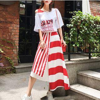 Set: Short-sleeve Lettering Top + Midi Striped A-line Skirt