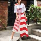 Set: Short-sleeve Lettering Top + Midi Striped A-line Skirt