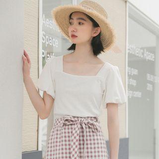 Puff-sleeve Square-neck Plain T-shirt