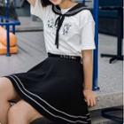 Sailor-collar Print Short-sleeve Top / Pleated Skirt
