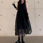 Plain Sleeveless Midi Shift Dress Black - One Size