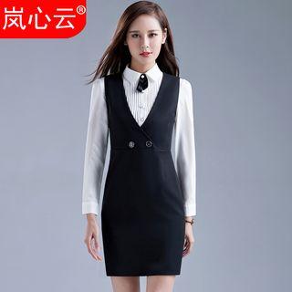 V-neck Sleeveless Pinafore Dress / Pintuck Shirt / Striped Shirt
