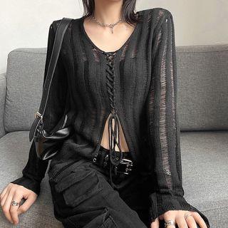 Long-sleeve Distressed Lace Up Knit Top