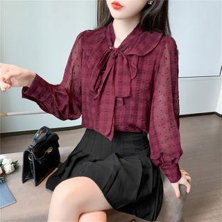Long-sleeve Plaid Tie-neck Chiffon Blouse