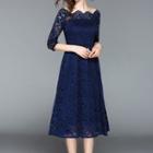 Lace Long-sleeve Midi A-line Party Dress