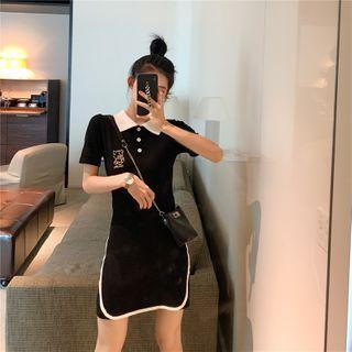 Bear Embroidered Short-sleeve Mini Collared Dress Black - One Size