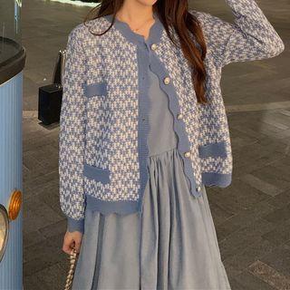 Spaghetti-strap Midi A-line Dress / Patterned Cardigan