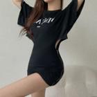 Short-sleeve Lettering Side-zip Open-waist T-shirt