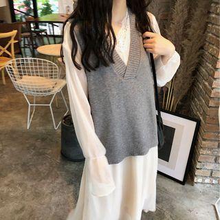 Set: Long-sleeve Midi A-line Dress + Knit Vest