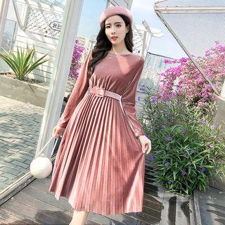 Velvet Long-sleeve Pleated Midi Dress