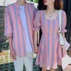 Couple Matching Short-sleeve Striped Shirt / Short-sleeve Square-neck Striped A-line Dress