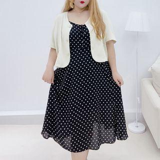 Set: Spaghetti Strap Dotted Midi A-line Dress + Short-sleeve Jacket