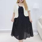 Set: Spaghetti Strap Dotted Midi A-line Dress + Short-sleeve Jacket