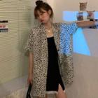Spaghetti Strap Lace Trim Slit Mini Bodycon Dress / Short-sleeve Leopard Print Blazer