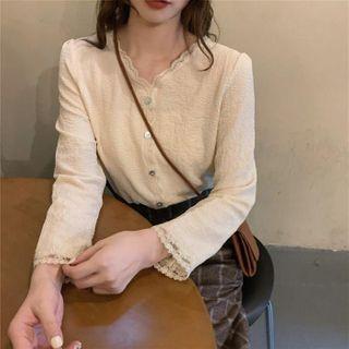 Lace-trim Button-up Top Almond - One Size