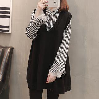 Set : Knit Vest + Long-sleeve Blouse