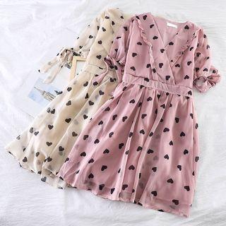 Heart-print V-neck Ruffle-trim Dress