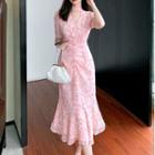 Short-sleeve V-neck Cut-out Floral Printed Mermaid Dress