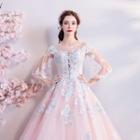 Floral Embroidered 3/4-sleeve Wedding Ball Gown