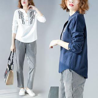Set: Long-sleeve Embroidery Top + Plaid Pants