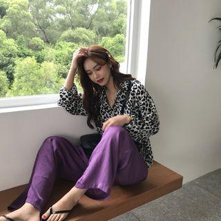 Plain Loose-fit Pants Purple - One Size
