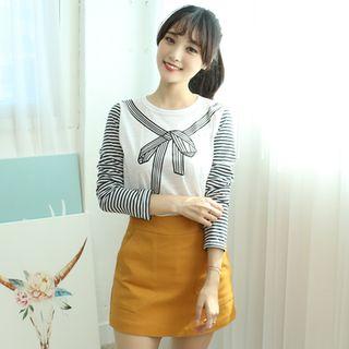 Ribbon Printed Stripe-sleeve T-shirt