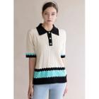 Color-block Pleated Knit Polo Shirt