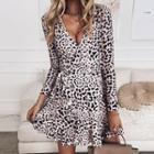 V-neck Leopard Tie-waist Ruffle Hem Dress